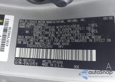 2006 Toyota Sienna Le z USA, uszkodzony, nr VIN 5TDZA23C96S522640